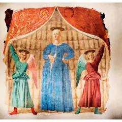 Dwie anielice podtrzymują zasłonę, odsłaniając Madonnę w błękitnej sukni. Dzieło Piero della Francesca.