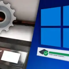 Scanner-App für Windows 11 wird installiert. Zahnräder und ein Drucker deuten auf die Einrichtung hin.
