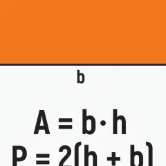 Pomarańczowy prostokąt z oznaczeniami boków "b" i "h" oraz wzorami na pole i obwód.