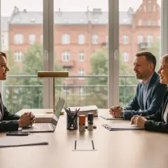 Trzy osoby przy biurku w sali konferencyjnej, dyskutujące nad dokumentami.