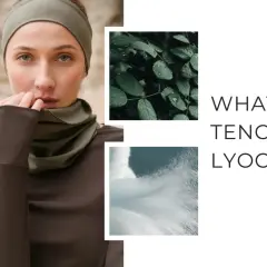 A woman wears a headband and cowl neck made of soft lyocell fabric. Images of leaves and fibers hint at the material's natural origins.