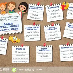 Ilustracja przedstawia tablicę z karteczkami o Dniu Życzliwości, na których widnieją rysunki dzieci i emotikony.