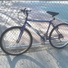 A blue Nishiki Colorado mountain bike leans against a chain-link fence, casting a shadow on the pavement.