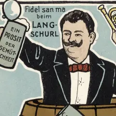 Mann mit Schnurrbart hebt Bierkrug und Trompete. "Ein Prosit der Gemütlichkeit!" – wer hat Bier erfunden?