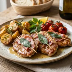 Saltimbocca mit Rosmarinkartoffeln und Kirschtomaten, dazu ein Glas Weißwein.