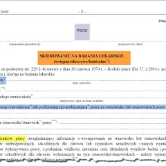 Skierowanie na badania lekarskie dla pracownika, zawierające dane osobowe, stanowisko pracy i opis warunków pracy.