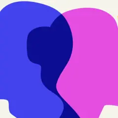 Dwie nakładające się sylwetki głów, niebieska i różowa, symbolizujące podwójne życie: mąż i kochanek. Obok logo "Psychologiczne Poniedziałki".