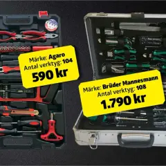 Två verktygslådor, en röd och svart med 104 delar för 590 kr, och en silverfärgad med 108 delar för 1790 kr. Perfekt för hemmafixaren, som en elektrisk vagga för verktygen.