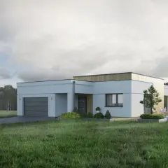 Nowoczesny, mały dom z płaskim dachem, z garażem i tarasem, otoczony zielenią.