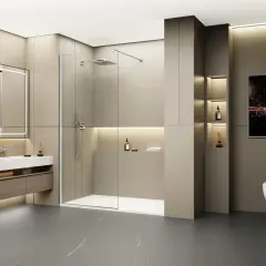 Salle de bain moderne avec douche à l'italienne spacieuse, lavabo suspendu et WC. La **dimension douche italienne** est optimisée pour un confort maximal.