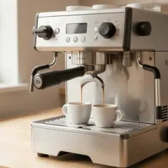 Macchina da caffè in acciaio inox che eroga due espresso in tazze bianche. Se il caffè scende troppo veloce, forse la macinatura è troppo grossa.