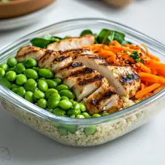 Gesunde Ideen für das Mittagessen: Quinoa-Bowl mit gegrilltem Hähnchen, Edamame und Karotten.