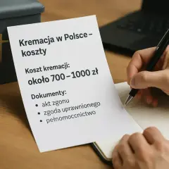 Urzędowe dokumenty i koszt kremacji w Polsce. Obok urny z krzyżem, notatki o spaleniu zwłok.