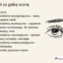 Grafika przedstawia oko z tekstem o przyczynach bólu za gałką oczną.