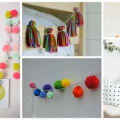 Guirnalda navidad manualidades: pompones de colores, borlas, esferas de papel y ramas de eucalipto.
