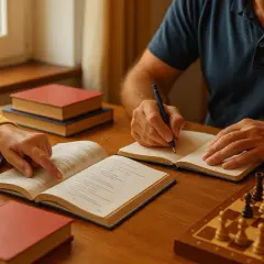 Apprendre et jouer aux échecs : des clés pour rester jeune après 50 ans. Un couple étudie et écrit, entouré de livres et d'un échiquier.