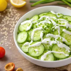 Salade de concombre en rondelles, arrosée de sauce blanche et garnie de ciboulette.