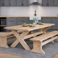Ett rustikt matbord i trä med bänkar, perfekt för att bygga en mysig matplats.