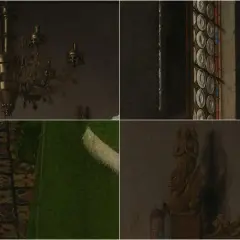 Detalles del matrimonio Arnolfini: candelabro, ventana, alfombra y escultura.