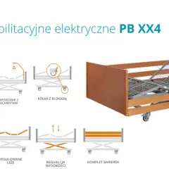 Łóżko rehabilitacyjne elektryczne PB XX4 z regulacją wysokości i pilotem. Wymiary łóżka dostosowane do potrzeb pacjenta.
