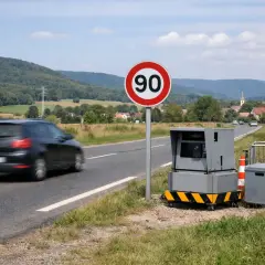 Panneau 90, radar et voiture en mouvement. Attention, si vous roulez à 95, vous serez flashé !