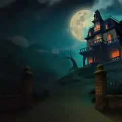Una casa stregata (haunted house) si erge su una collina sotto una luna piena, con luci arancioni che brillano dalle finestre.