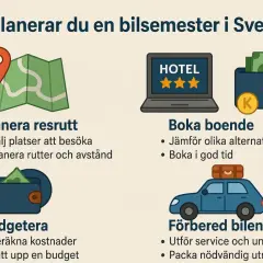 Planera din bilsemester i Sverige: rutt, boende, budget och bilförberedelser. Allt för att du ska kunna åka bil bekvämt och tryggt.