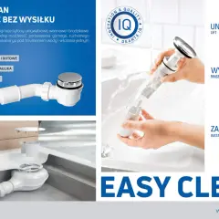 Łatwa wymiana syfonu bez demontażu brodzika. Pokazano czyszczenie elementu pod bieżącą wodą.