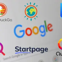 Logo wyszukiwarek: DuckDuckGo, Google, Bing, Startpage, Brave i Qwant. Qwant wyszukiwarka stawia na prywatność.