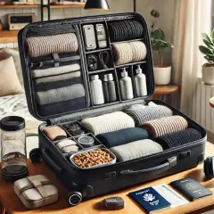 En öppen resväska med prydligt packade kläder, toalettartiklar och snacks. En perfekt packad överlevnadsväska för äventyret.