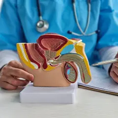 Lekarz omawia z pacjentem brak wzwodu przyczyny, wskazując na model narządów płciowych męskich.