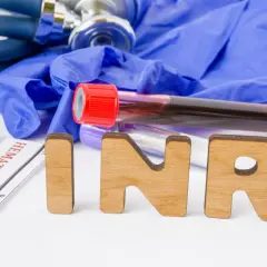 Drewniane litery INR na tle rękawiczek medycznych, stetoskopu i probówek z krwią. Wyniki badań hematologicznych.