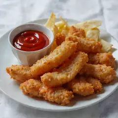Chrupiące strips kurczaka w panierce, podane z ketchupem i chipsami. Idealna przekąska na imprezę.