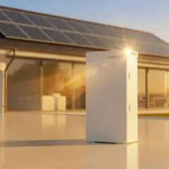 Nowoczesny magazyn energii Proton przy domu z panelami słonecznymi. Dofinansowanie do magazynu energii ułatwia inwestycję w zieloną energię.