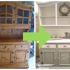 Prima e dopo: come restaurare un mobile in legno. Un mobile da cucina in pino grezzo trasformato in un pezzo shabby chic grigio e bianco.