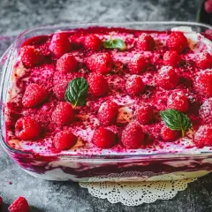 Himbeer Tiramisu in einer Glasform, garniert mit frischen Himbeeren und Minzblättern. Ein süßer Genuss!