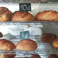 Różnorodne bochenki chleba rzemieślniczego na półkach piekarni. Widać chleb z rodzynkami, na zakwasie, z dodatkami i posypany sezamem.