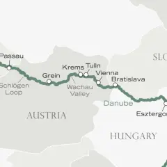 Map showing the route from Passau to Vienna along the Danube River, passing through Germany, Austria, Slovakia, and Hungary.