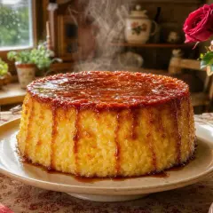 Un délicieux gâteau de riz crémeux, nappé d'un caramel doré et dégoulinant. Vapeur s'échappant, invitant à la dégustation.