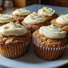 Sju saftiga morotskaka muffins med krämig frosting och hackade nötter. Perfekta för fikat!