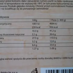 Tabela wartości odżywczych pizzy Guiseppe 4 sery. 100g pizzy zawiera 239 kcal, a cała 400g porcja 956 kcal.
