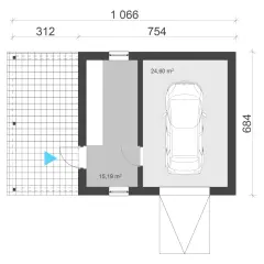 Rzut garażu jednostanowiskowego z wymiarami: 10,66m x 6,84m. Wnętrze 24,60 m² na auto i 15,19 m² pomieszczenie gospodarcze.