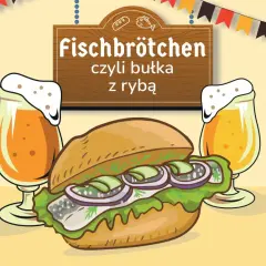 Kanapka po niemiecku, czyli Fischbrötchen z rybą, sałatą i cebulą, obok dwóch piw.