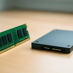 Ein RAM-Modul und eine schwarze SSD liegen nebeneinander. Verschiedene SSD-Arten sind für unterschiedliche Speicherbedürfnisse erhältlich.