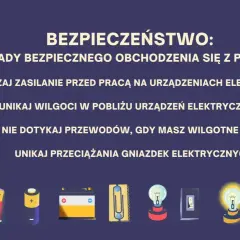 Bezpieczeństwo z prądem: zasady, co to jest prąd elektryczny, jak go bezpiecznie używać. Ilustracje baterii, żarówki, gniazdka.