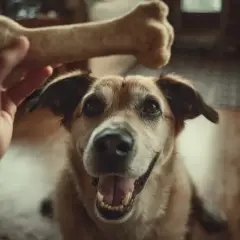 Un chien attend patiemment son os, un cadeau de son maître.