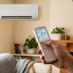 Hombre ajustando el aire acondicionado en modo calor a 21°C. El control remoto muestra el significado de "heat" para combatir el frío.