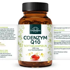 Unimedica Coenzym Q10 Softgelkapseln: 200 mg pro Kapsel. Täglich 1 Kapsel einnehmen, um die empfohlene Tagesdosis zu erreichen.