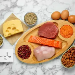 Lizyna co to? Na zdjęciu widać produkty bogate w lizynę: mięso, rybę, jajka, ser, soczewicę, fasolę, orzechy i pestki.