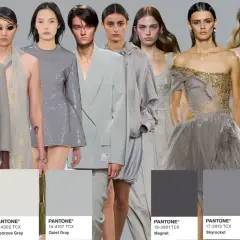 Modelle con abiti grigi, dal chiaro al scuro, come antracite che colore è. Palette colori: Glacier Gray, Vaporous Gray, Quiet Gray, Magnet, Skyrocket, Stormy Weather.